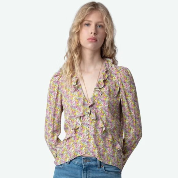 New Zadig & Voltaire "Tresse Crepe Liberty Wings" Ruffle V-Neck Top Small - Picture 1 of 4
